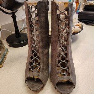 Women’s Taupe Suede Peep-Toe Lace-Up Booties